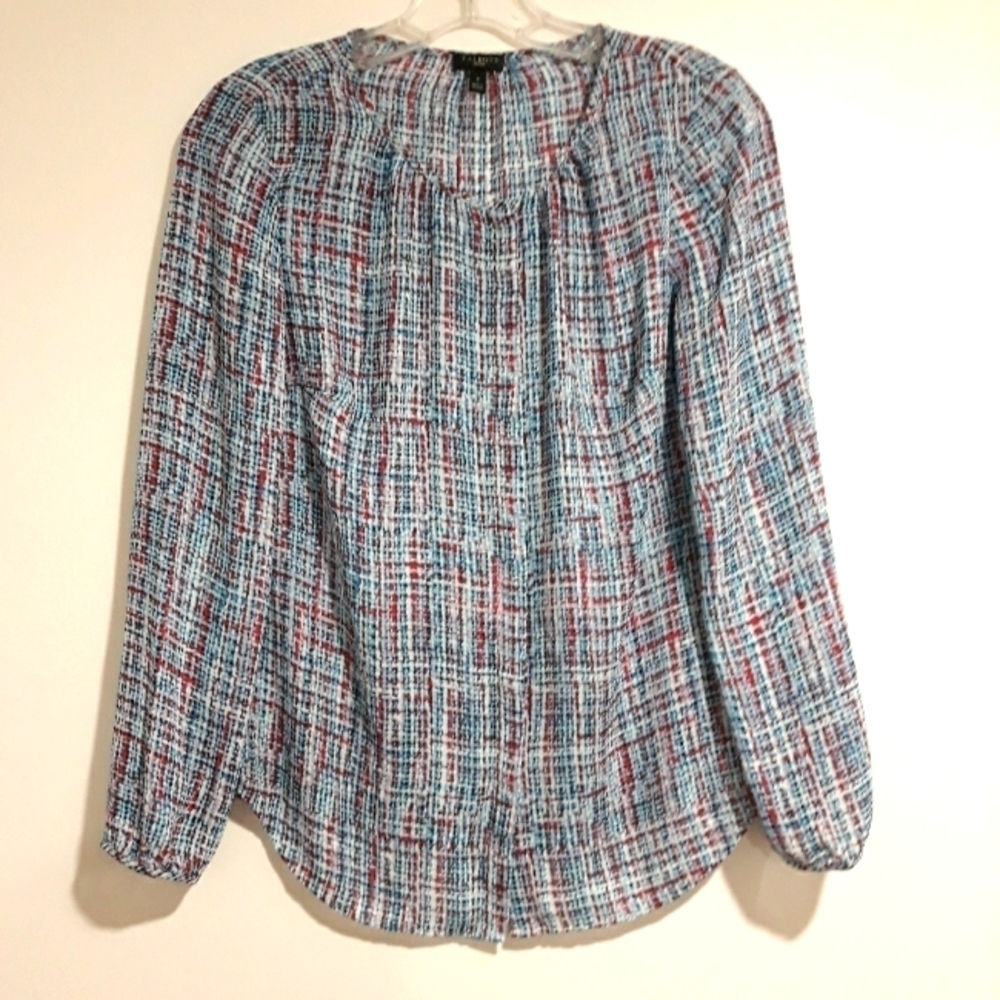 Talbots Top Long-Sleeve Button Down Multicolor Blue Red  Blouse Size Small